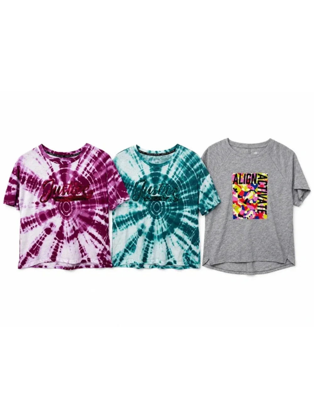 Girls Graphic Tee Bundle Size 16/18 – Justice & Activewear Tops (3 Pieces)
